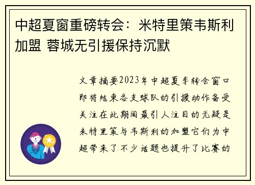 中超夏窗重磅转会：米特里策韦斯利加盟 蓉城无引援保持沉默