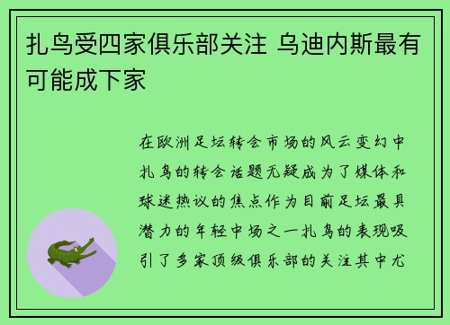 扎鸟受四家俱乐部关注 乌迪内斯最有可能成下家